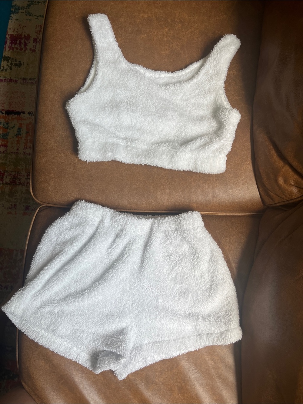 🌸Cozy Fuzzy White Tank Top & Shorts Loungewear Set